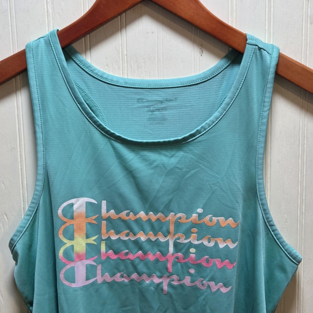 Champion Tank Girls XL 14-16 Blue Racerback Graphic Logo Athletic Activewear